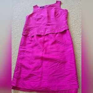 Silkland Fuchsia Beaded Sleeveless Dress Size 14 Large 100% Silk